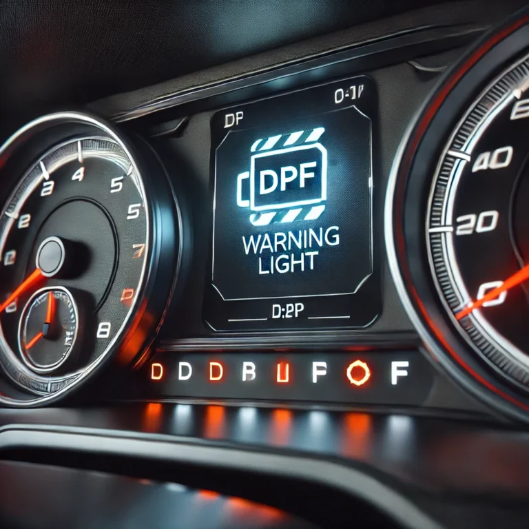 DALL·E 2024 09 30 20.53.05 A modern car dashboard with a digital display showing the DPF warning light illuminated. The dashboard includes clear indicator lights and the DPF wa