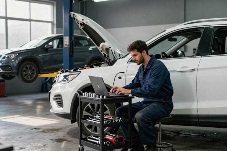 garage professional working auto service checking engine mechanic man using tablet computer tuning