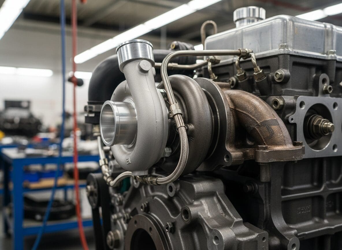 Turbocharger mounted on a diesel engine showing boost system components