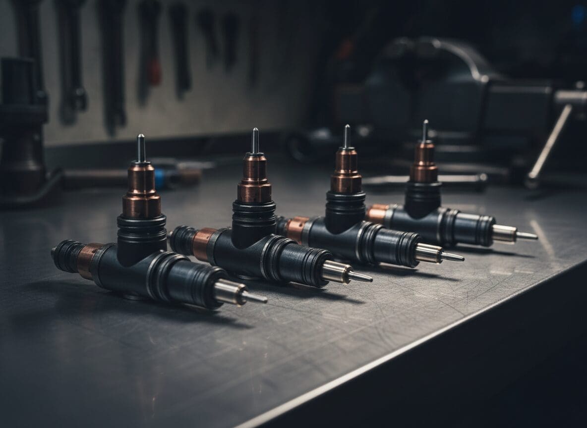 Common rail diesel fuel injectors laid out on a workshop bench