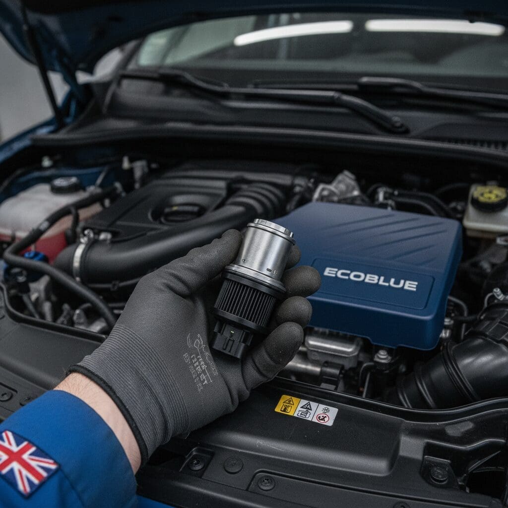 MAF sensor held by mechanic in a UK workshop with diesel engine bay in background
