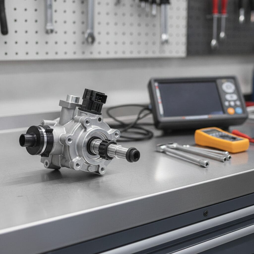 AdBlue dosing pump component on a workshop bench during fault diagnosis at Pro Remapping Stoke-on-Trent