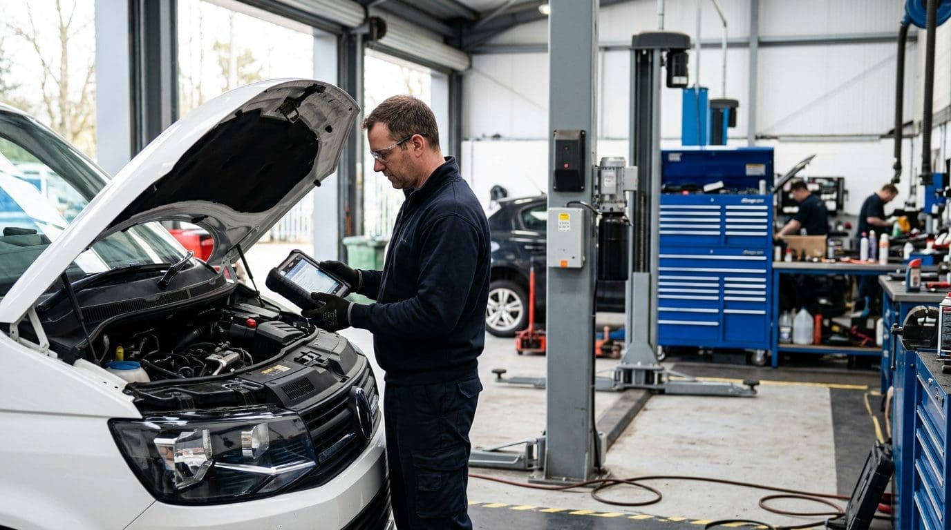 Technician capturing live data on a Ford EcoBlue SID212EVO using a professional diagnostic tool