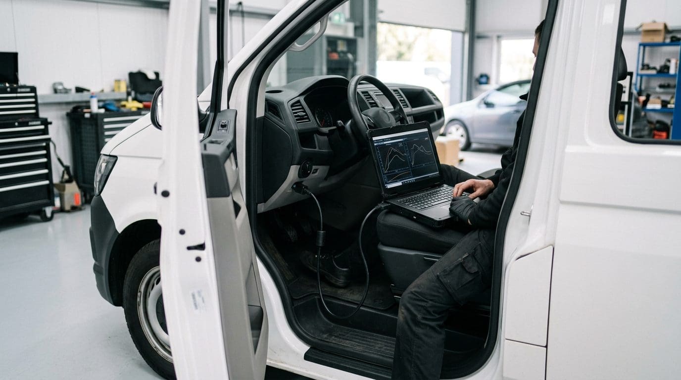 Ford EcoBlue tuning session showing laptop remap software and vehicle diagnostic setup