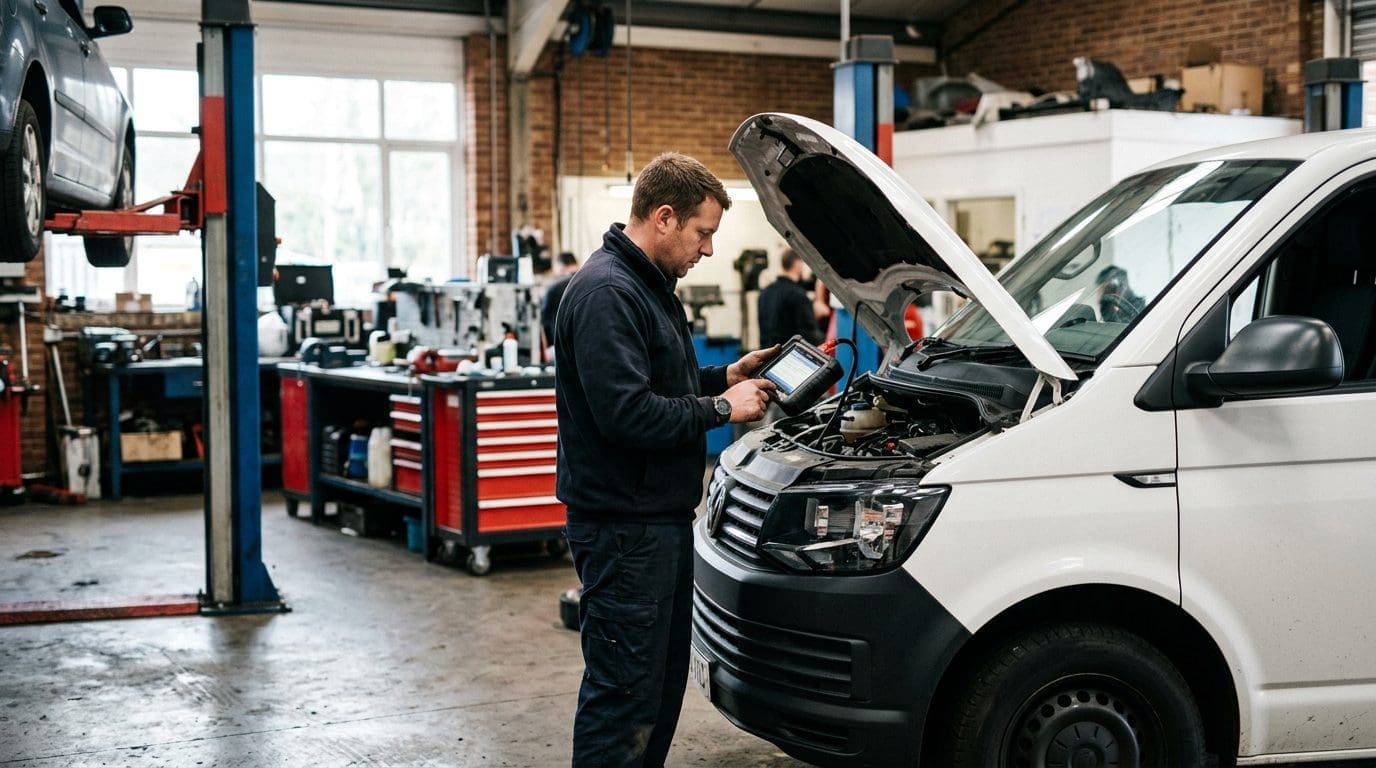 Technician diagnosing Ford EcoBlue AdBlue warning and limp mode with scan tool