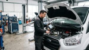 Technician diagnosing a Ford EcoBlue-style van with the bonnet open while reviewing SID212EVO fault data on a tablet (loss of power case study)