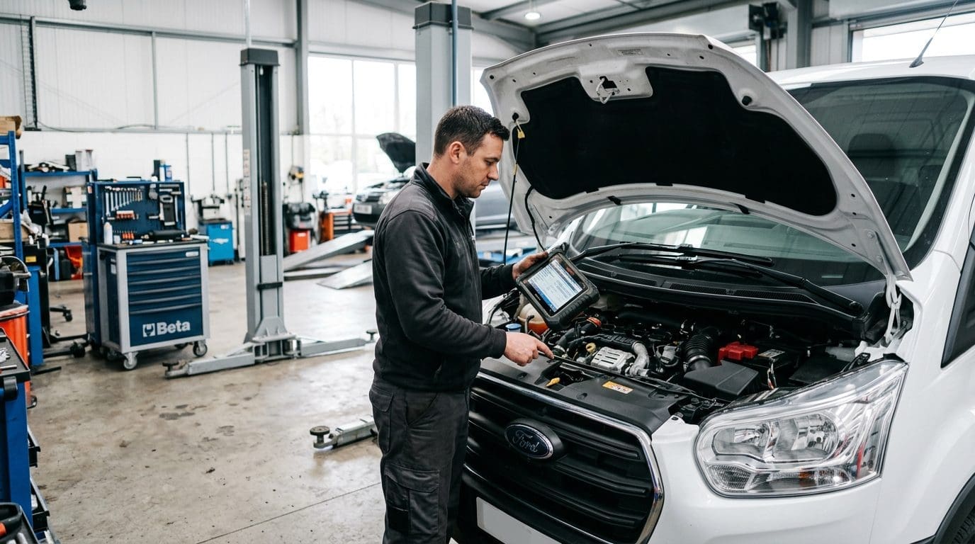 Technician diagnosing Ford EcoBlue loss of power with scan tool and live data