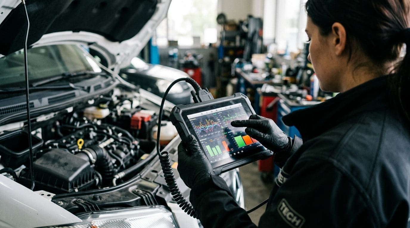 Technician running diagnostics and live data checks on a Ford EcoBlue vehicle for SID212EVO troubleshooting