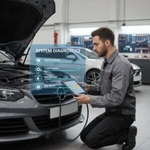 Diesel vehicle on a rolling road dynamometer during performance remap tuning