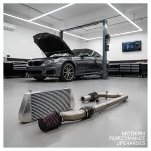 Mechanic reviewing ECU remap data on a laptop in a professional garage
