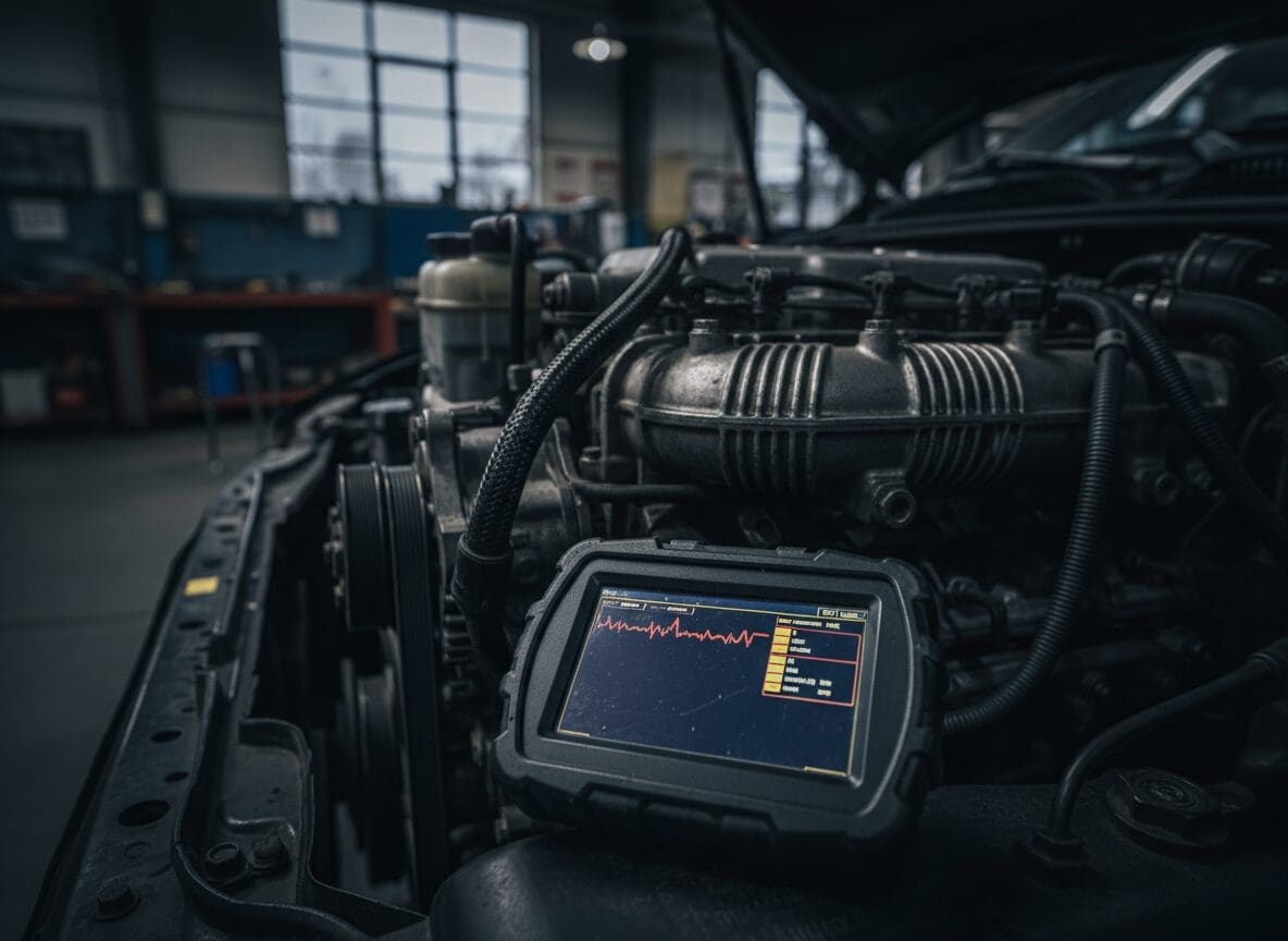 Diagnostic scanner connected to a diesel vehicle in a workshop