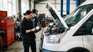 Technician running SID212EVO ECU diagnostics on an EcoBlue van using an OBD connection and laptop